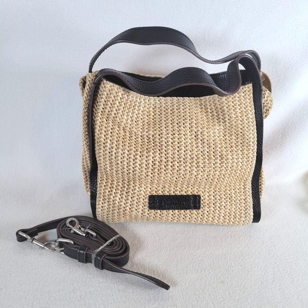 American Leather Co Womens Satchel Raffia Woven Straw Hand Bag Medium Tan Black